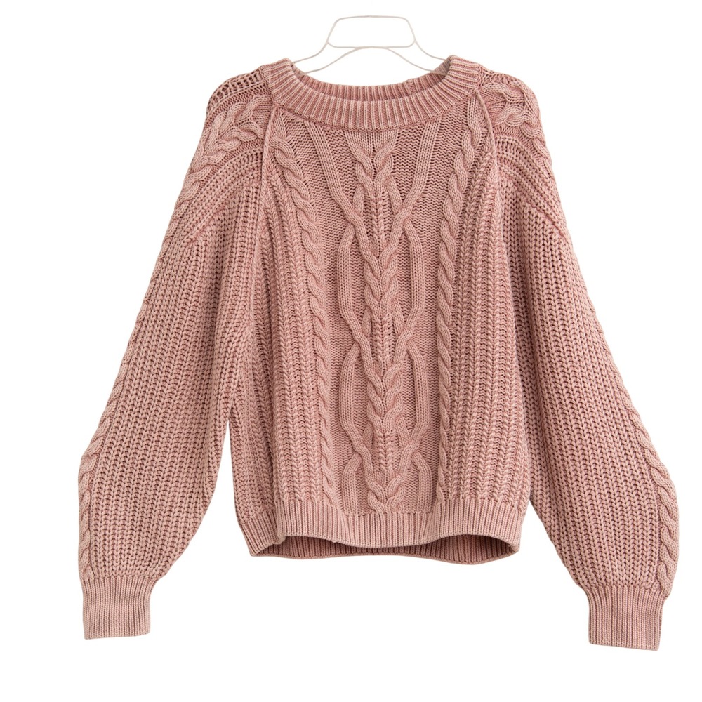 Free People‎ Chunky Cable Knit Balloon Sleeve Sweater Rose Pink Oversized L Boho